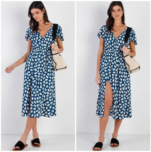 LAST ONE❗️SUGAR+LIPS Boho Chic Feminine Dark Teal Floral Midi Dress - Picture 4 of 4